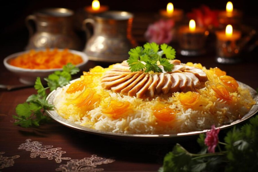 تصویری از دیس برنج تزیین شده با تن ماهی و جعفری؛ مربوط به خشک شدن برنج بعد از پخت