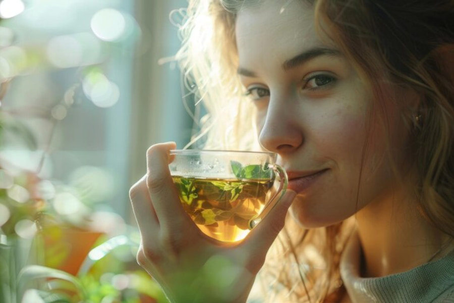 زنی جوان در حال نوشیدن چای سبز؛ مرتبط با تفاوت چای سبز ایرانی با خارجی