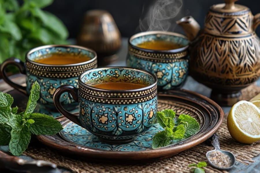 سه فنجان چای سبز ایرانی همراه با قوری و نعناع؛ مرتبط با بهترین چای سبز کدام است