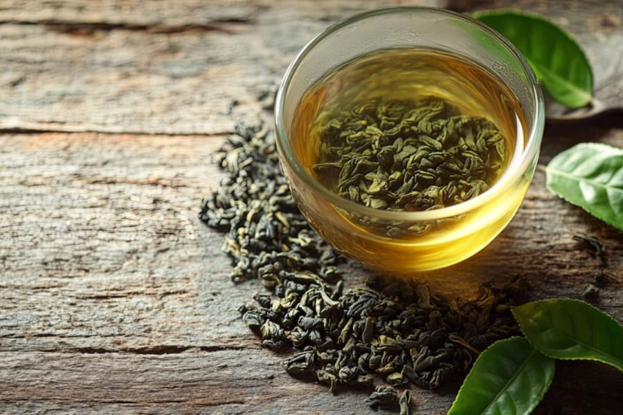 یک لیوان شیشه ای چای سبز همراه با چای سبز خشک؛ مرتبط با بهترین چای سبز ایرانی
