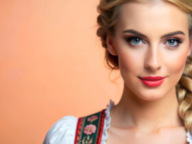 دختری جوان با موهای طلایی و میکاپ روسی عروسکی