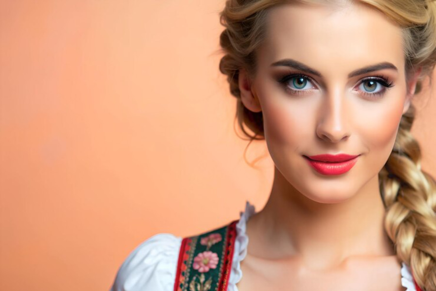 دختری جوان با موهای طلایی و میکاپ روسی عروسکی