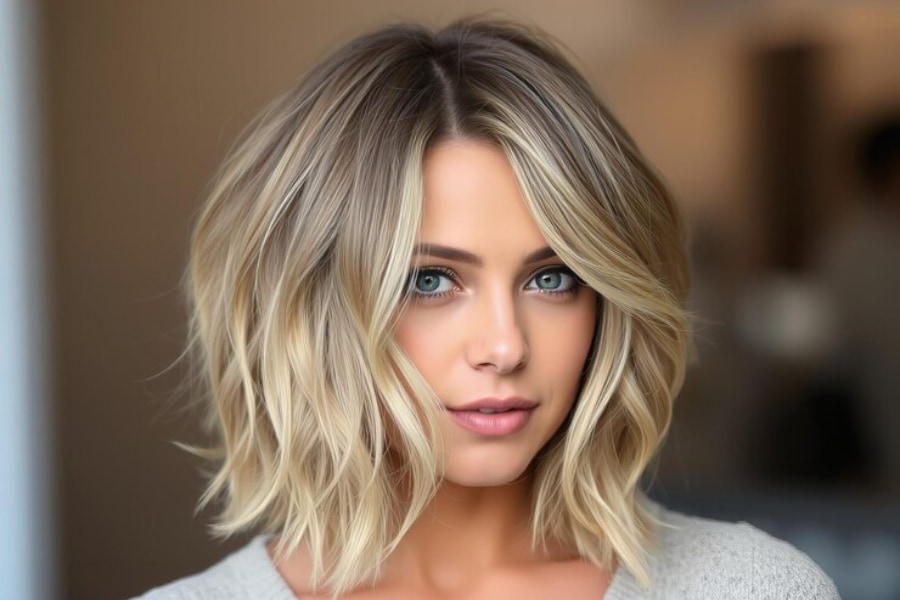 زنی جوان با موهای بلوند و مدل موی 5.مدل موی باب قد متوسط (Mid-Length Bob)