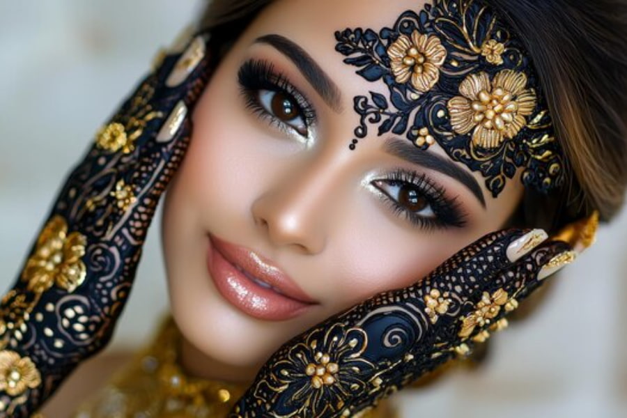 دختری جوان با چشم ها و صورت آرایش شده؛ مرتبط با میکاپ عربی عروس