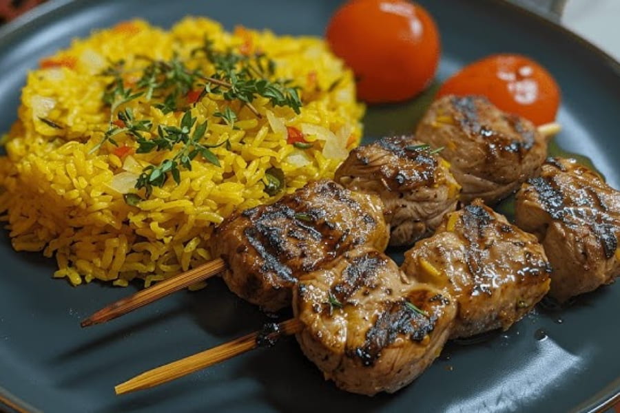مرغ حلزونی با سیخ چوبی همراه با برنج و گوجه