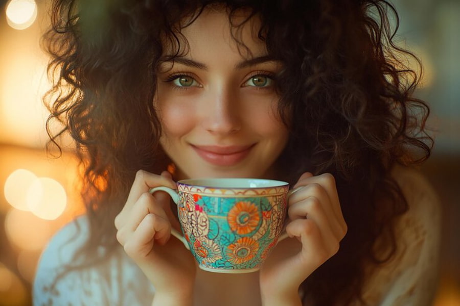 دختری زیبا با فنجان چای در دست