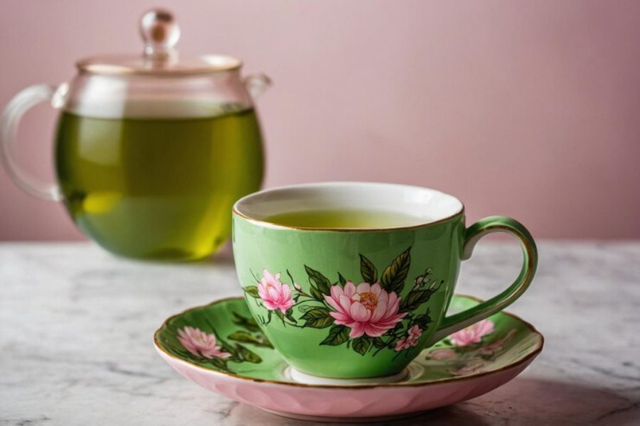 یک فنجان چای سبز همراه با نعلبکی