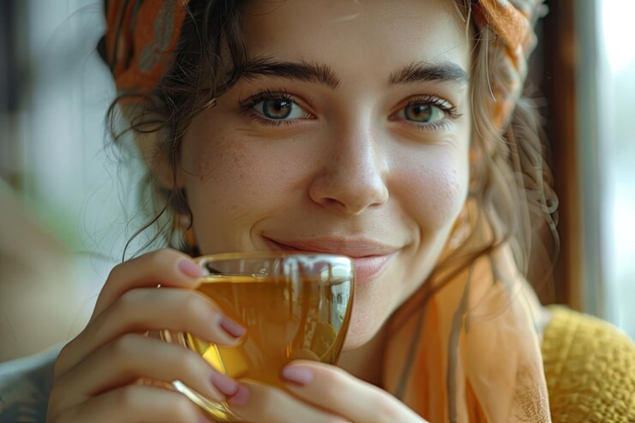 دختری جوان که فنجانی چای سبز در دست دارد.