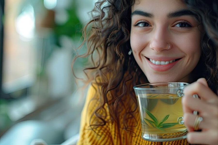 زنی جوان و زیبا در حال نوشیدن یک فنجان چای سبز