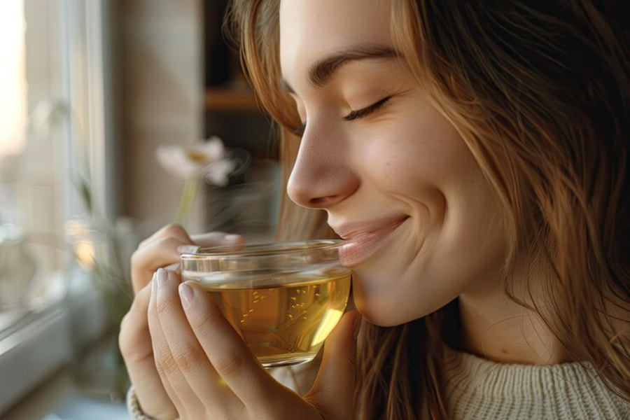 زنی جوان و زیبا در حال نوشیدن چای سبز