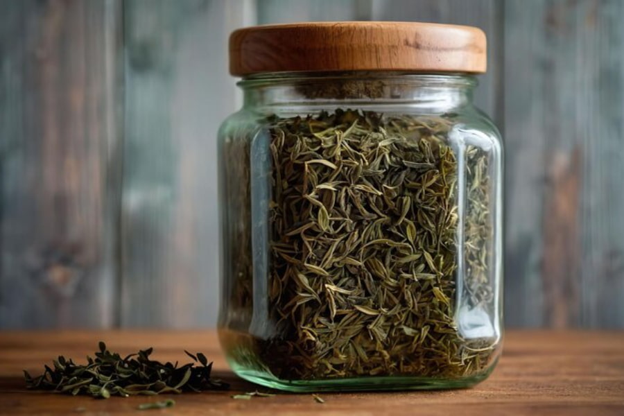 چای سبز خشک داخل قوطی شیشه ای