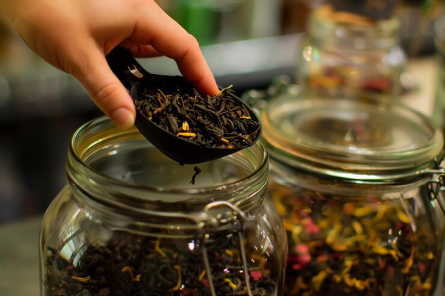 چای خشک در قاشق پلاستیکی و ظرف شیشه ای