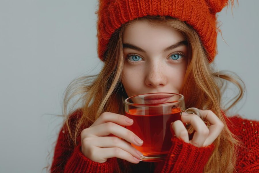 دختری جوان و زیبا در حال نوشیدن چای