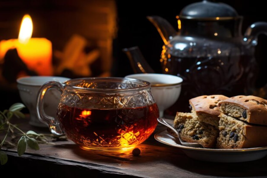 یک فنجان شیشه ای چای به همراه کیک