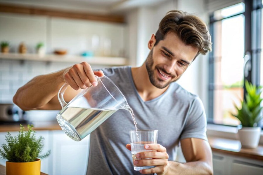 مردی جوان و خوشتیپ در حال ریختن آب از پارچ شیشه ای داخل لیوان