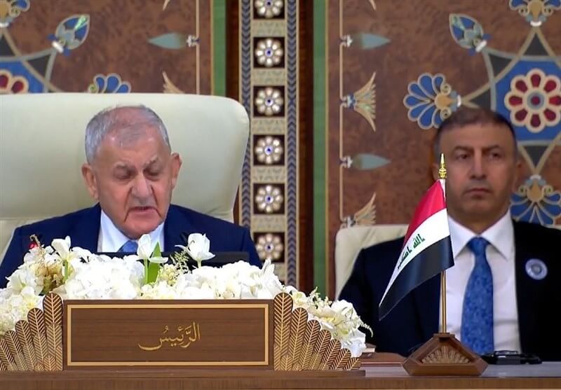 عبداللطیف رشید رئیس جمهور عراق در اجلاس اتحادیه عرب در بغداد درباره تهدید جنگ صحبت می کند
