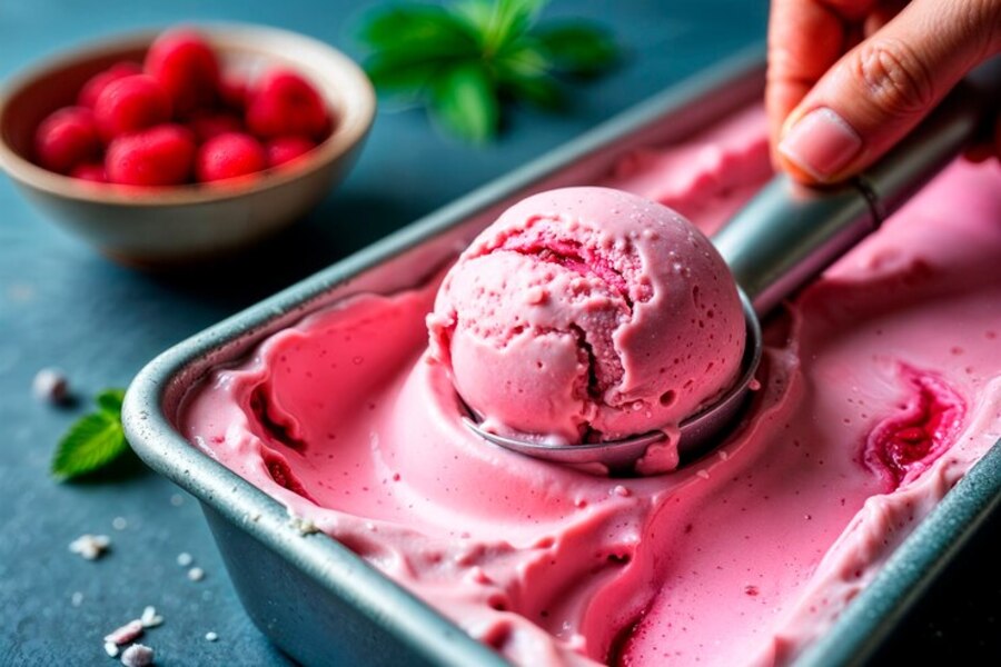 طرز تهیه بستنی توت فرنگی خانگی با شیر و خامه بدون ثعلب