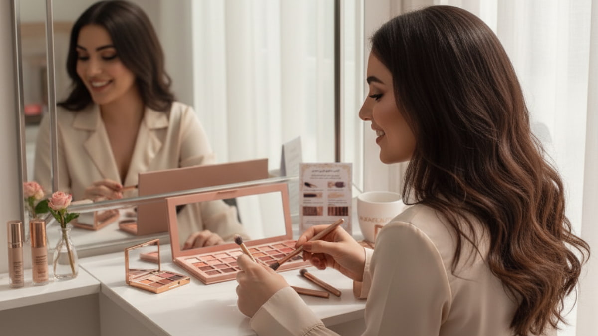 زنی در حال آرایش با پالت سایه هدی بیوتی Huda Beauty